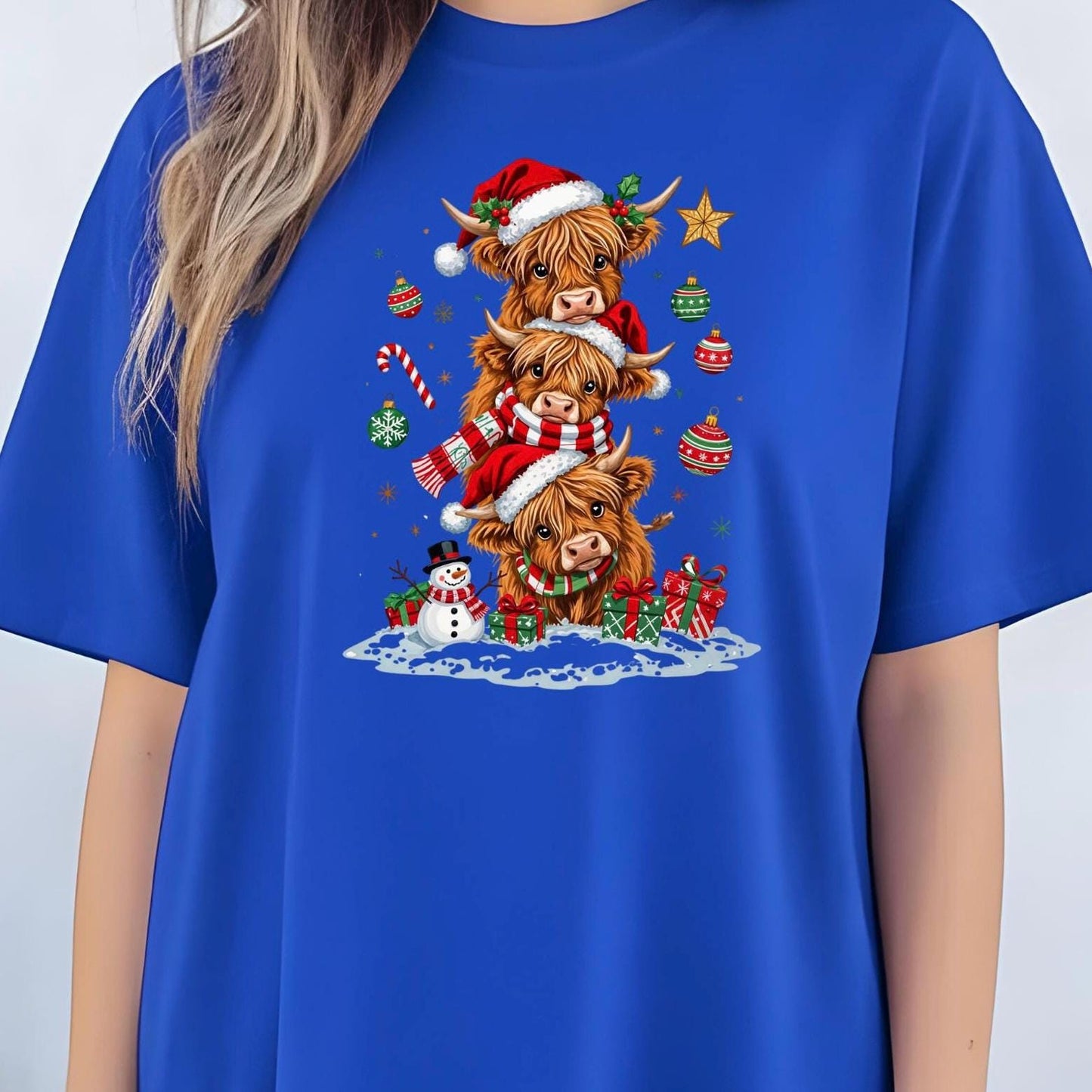 Highland Cow Christmas shirt or Sweatshirt – Santa Hat, Snowman Holiday Tee