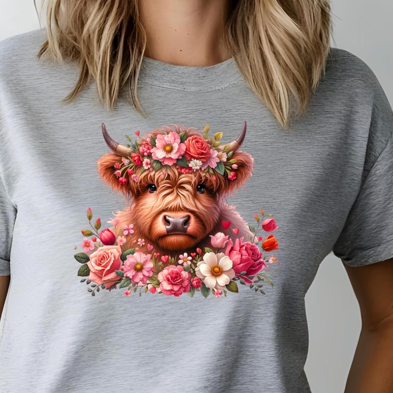 Highland Cow Shirt or Sweatshirt – Floral Crown, Hearts, Rustic Vibe – Western Farmhouse Animal Tee