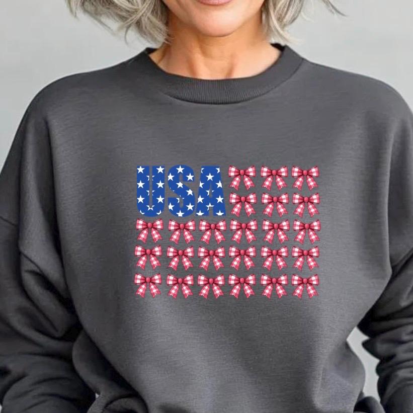 USA Bow Flag Sweatshirt | Patriotic Gingham Bows T-Shirt | 4th of July Shirt | Gildan DTF Print Unisex