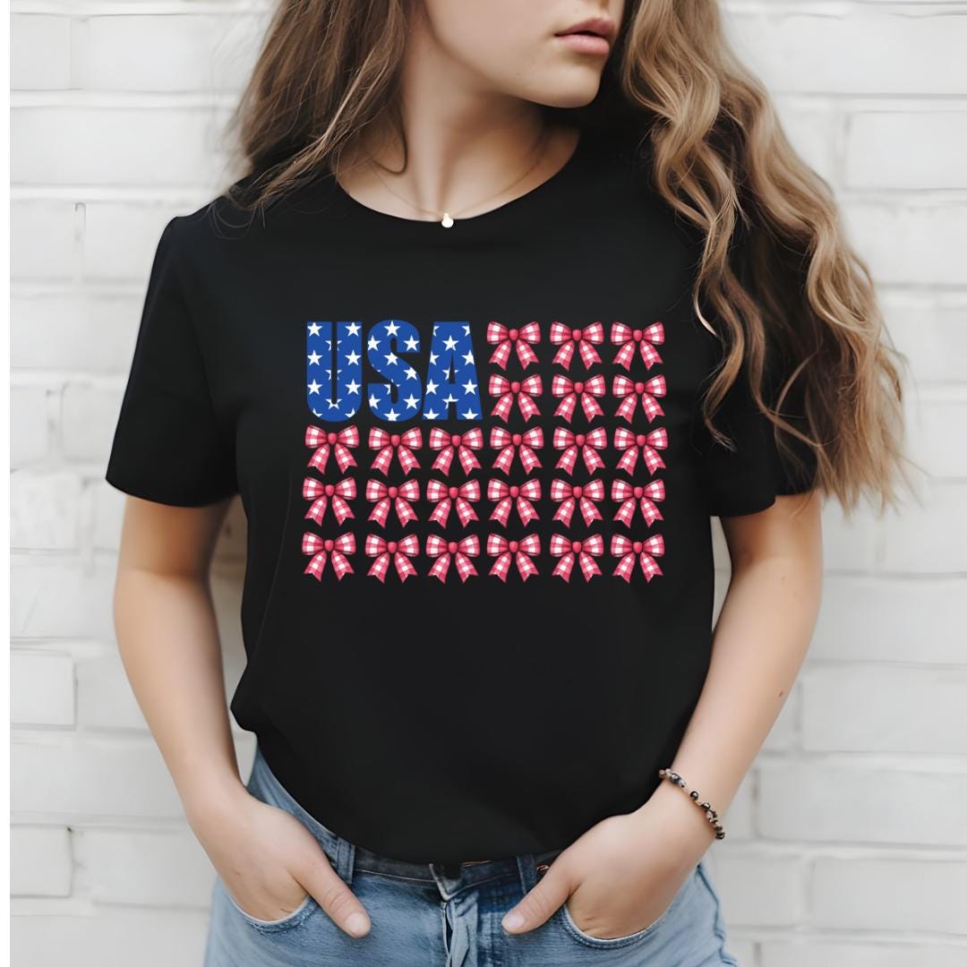 USA Bow Flag Sweatshirt | Patriotic Gingham Bows T-Shirt | 4th of July Shirt | Gildan DTF Print Unisex