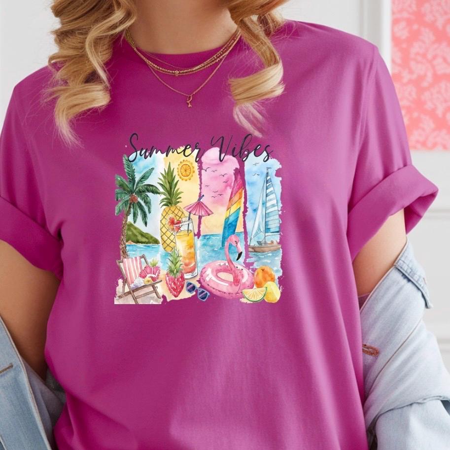 Summer Vibes T-Shirt: Tropical Beach Watercolor Graphic
