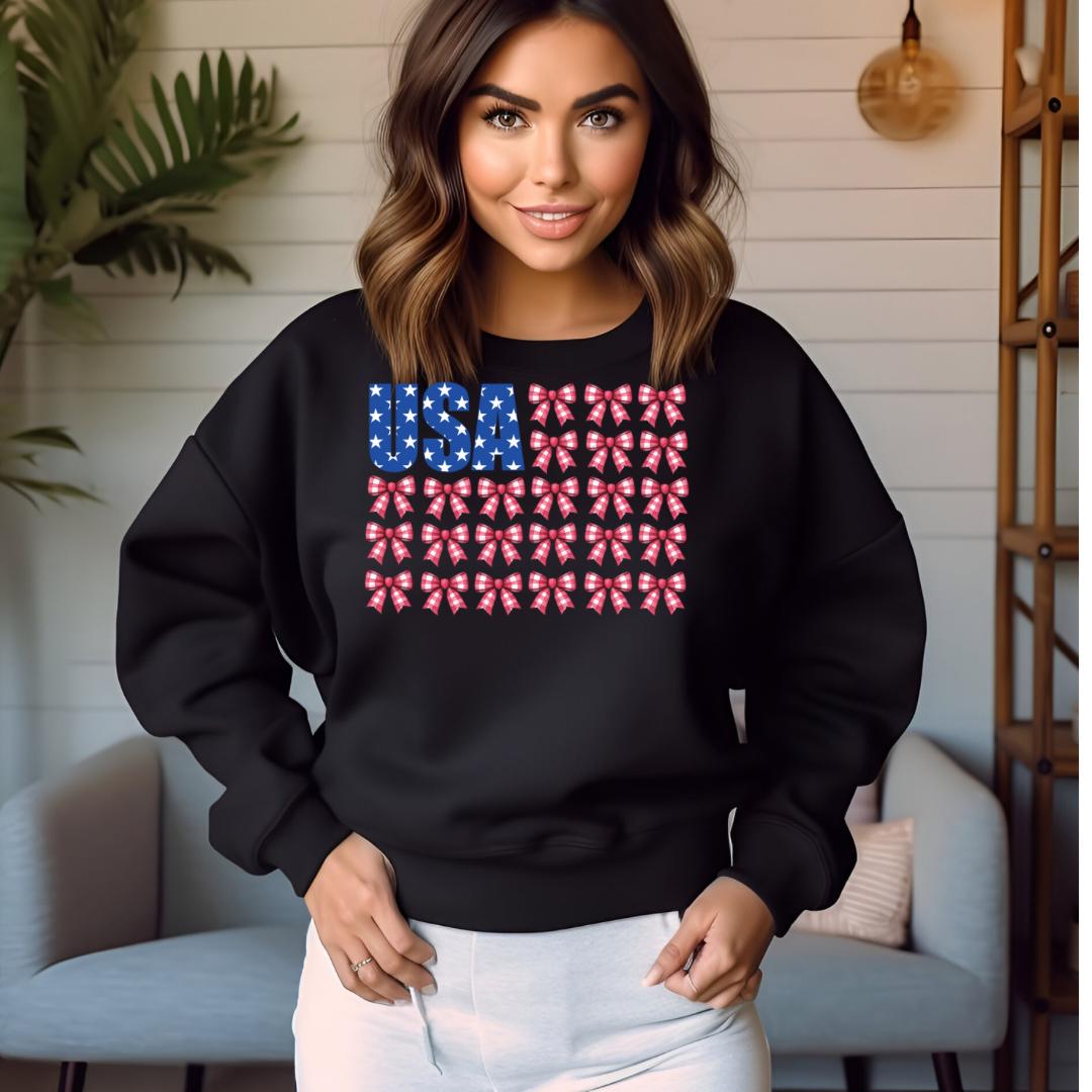 USA Bow Flag Sweatshirt | Patriotic Gingham Bows T-Shirt | 4th of July Shirt | Gildan DTF Print Unisex