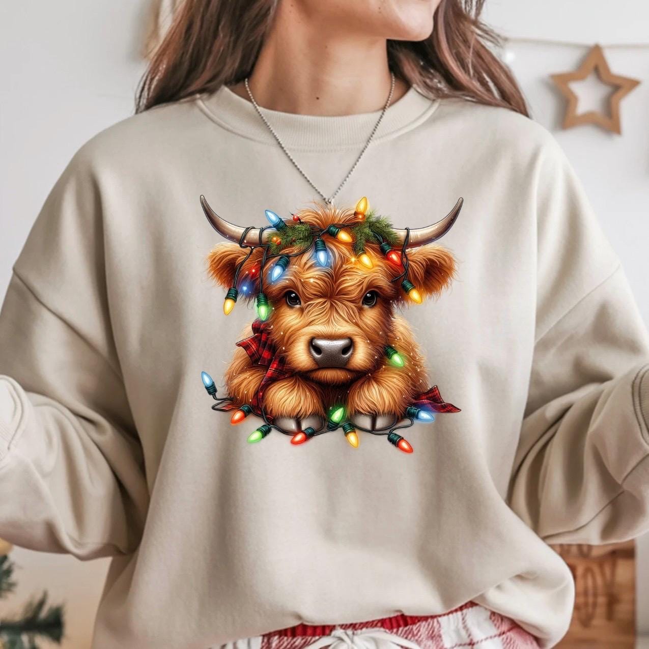 Festive Highland Cow Christmas Lights Sweatshirt or t shirt