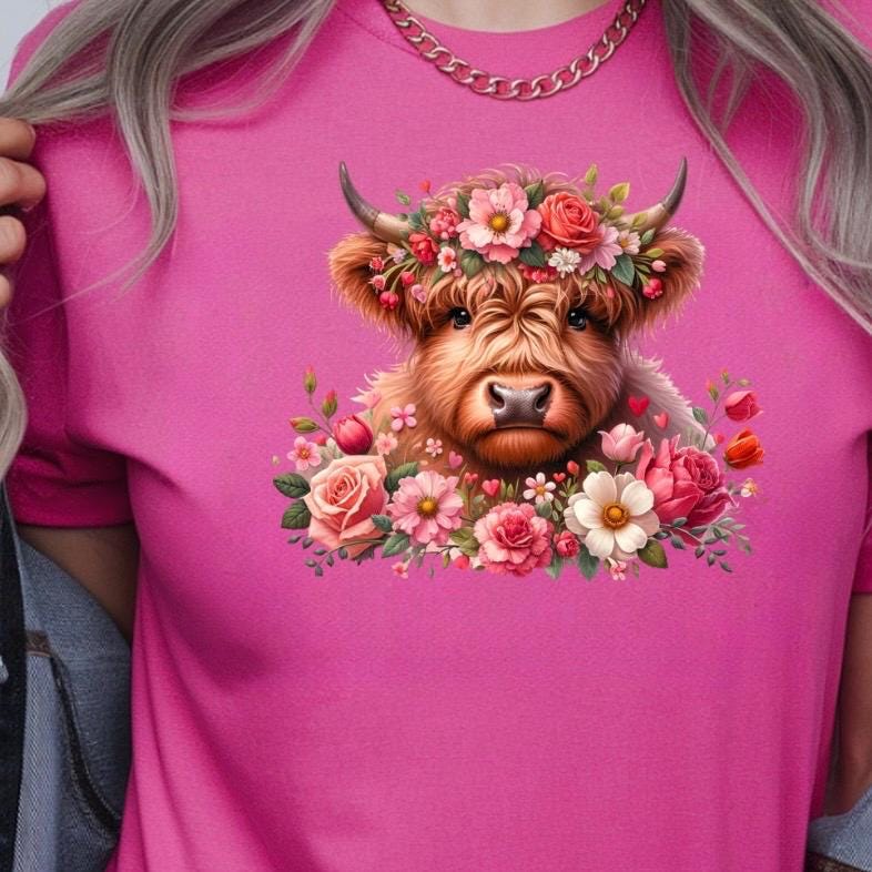 Highland Cow Shirt or Sweatshirt – Floral Crown, Hearts, Rustic Vibe – Western Farmhouse Animal Tee