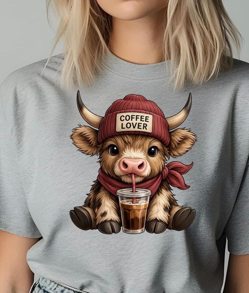 Cute Highland Cow "Coffee Lover" T-Shirt or Sweatshirt | Funny Iced Coffee Graphic Tee | Fall Aesthetic Crewneck