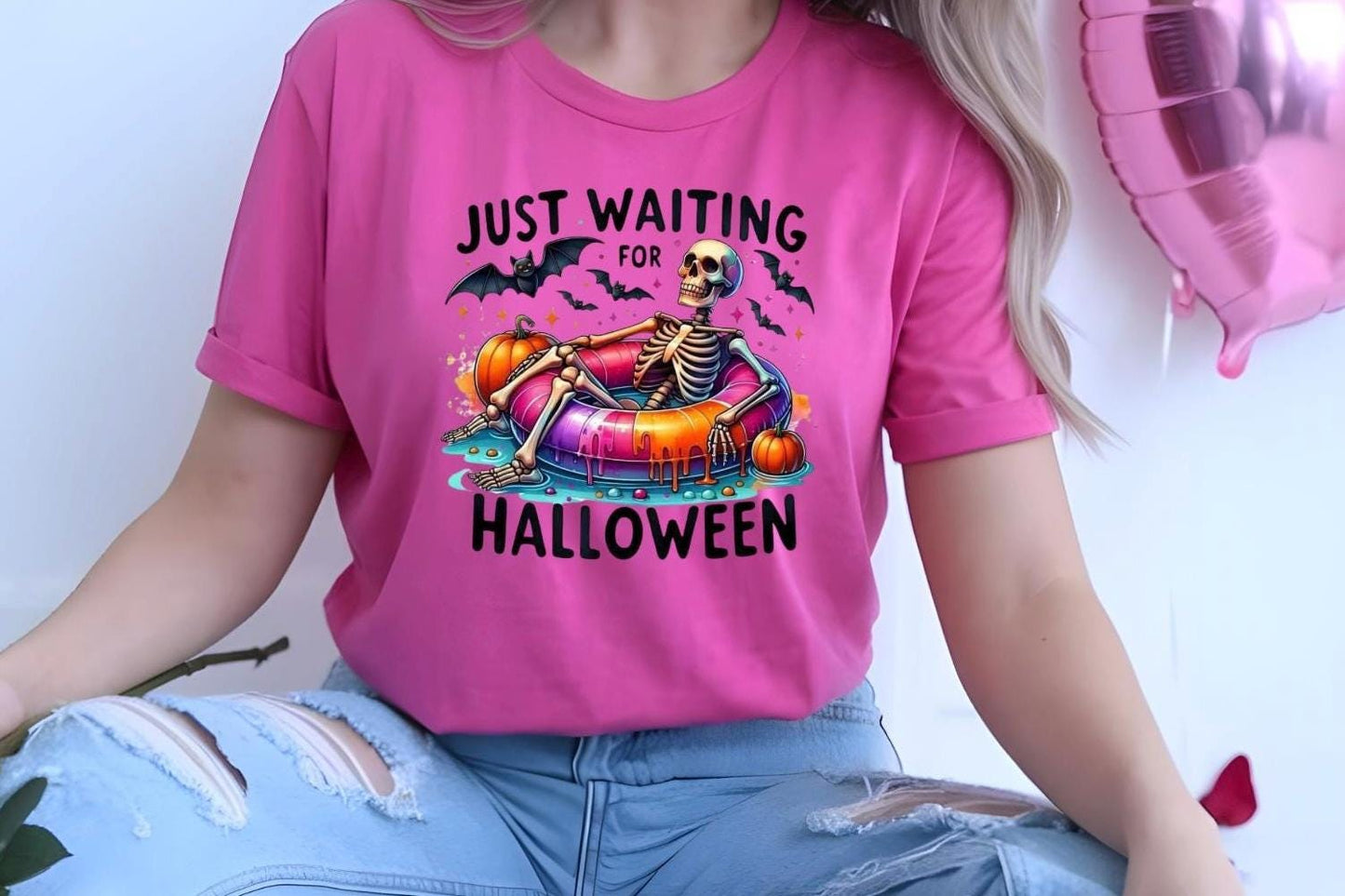 Just Waiting For Halloween" Skeleton T-Shirt or Sweatshirt | Funny Summerween Graphic Tee | Spooky Pool Float Crewneck