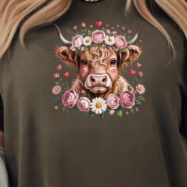 Highland Cow with Flower Crown T-Shirt or sweatshirt Cottagecore Western Graphic Tee