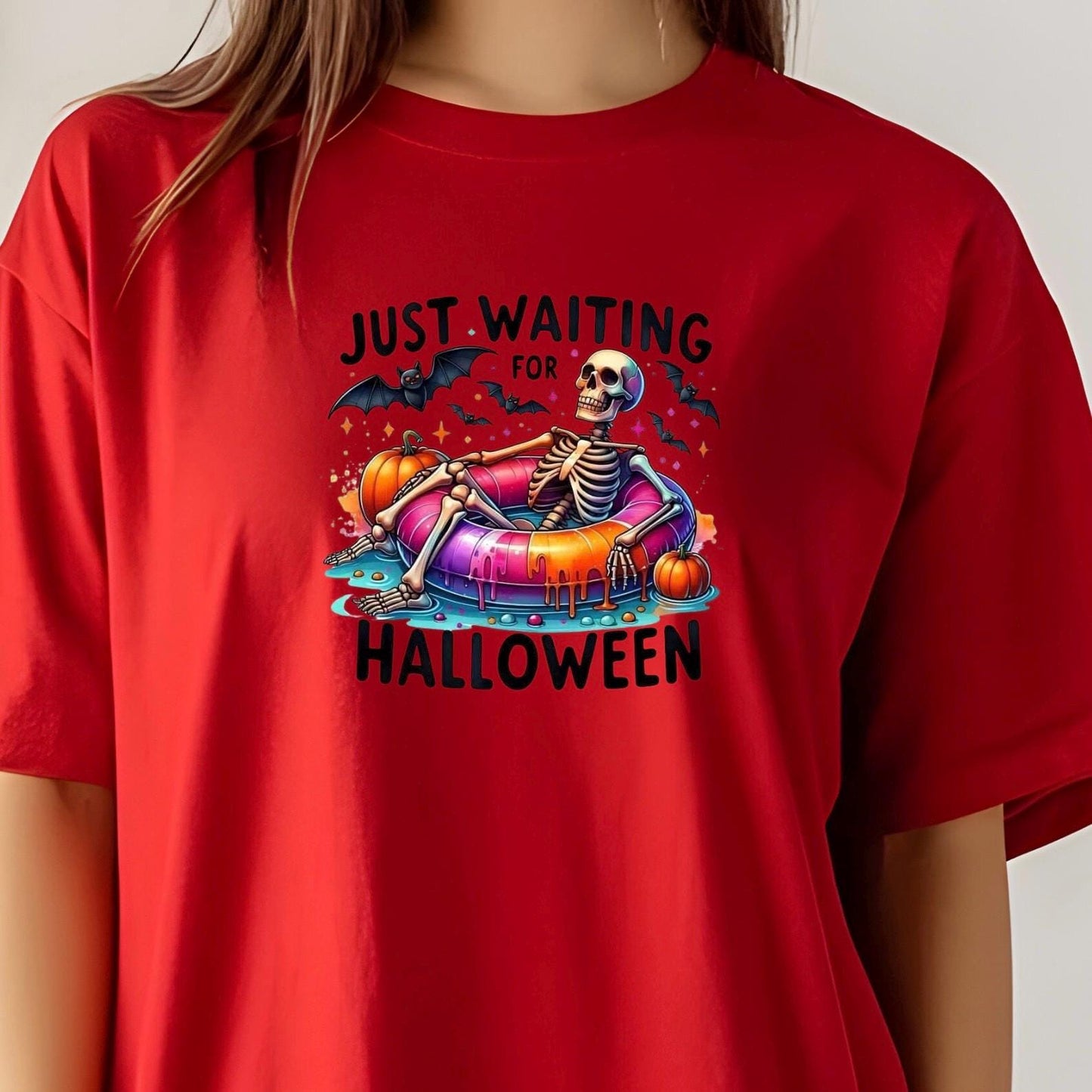 Just Waiting For Halloween" Skeleton T-Shirt or Sweatshirt | Funny Summerween Graphic Tee | Spooky Pool Float Crewneck