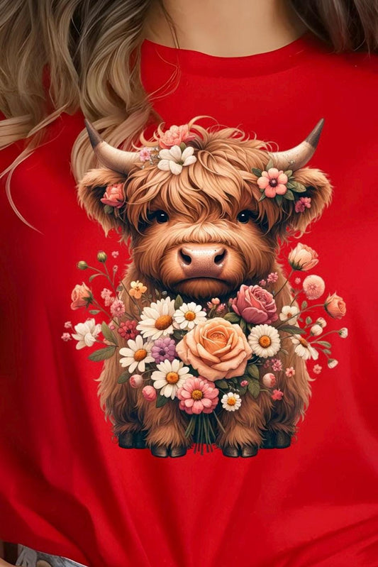Floral Highland Cow Shirt or Sweatshirt – Cute Cow Graphic Tee -Farm Animal Gift-Gildan DTF unisex T shirt or sweatshirt