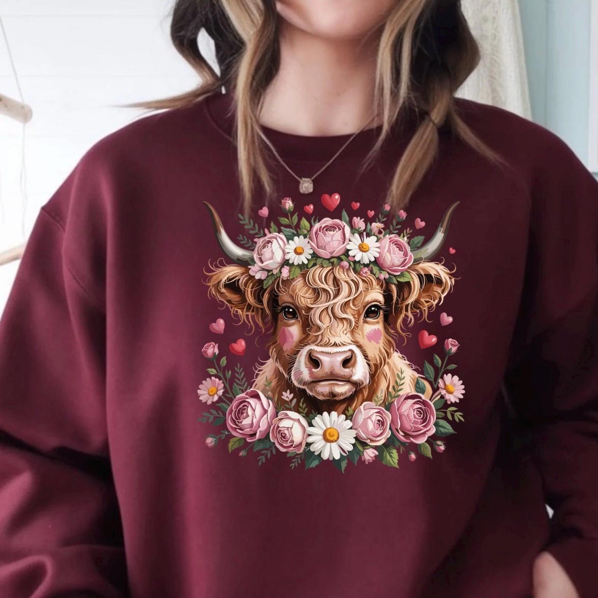Highland Cow with Flower Crown T-Shirt or sweatshirt Cottagecore Western Graphic Tee
