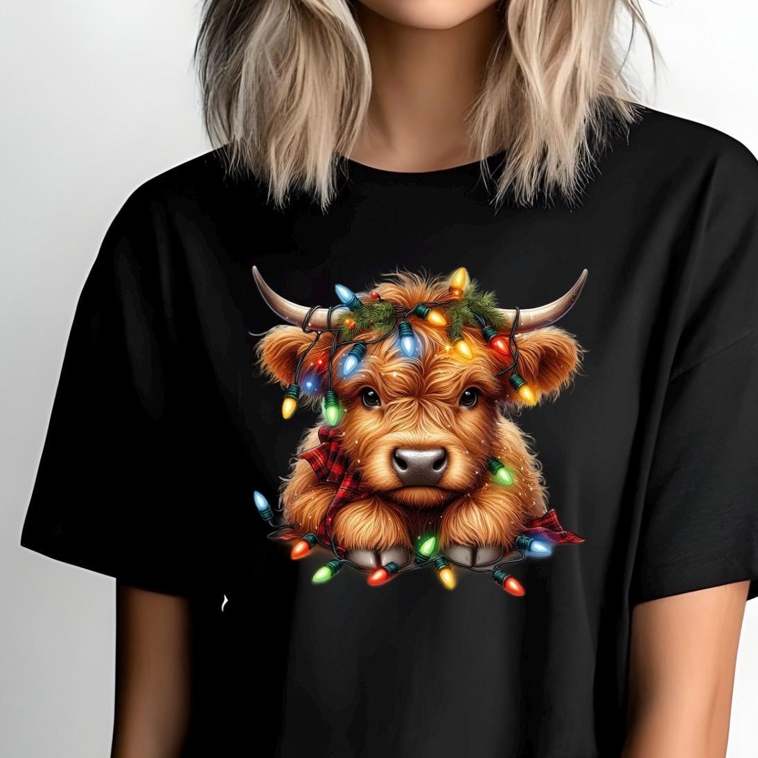 Highland Cow Christmas Shirt | Cozy Rustic Holiday Sweatshirt | Farm Animal Lights Funny Gift Tee