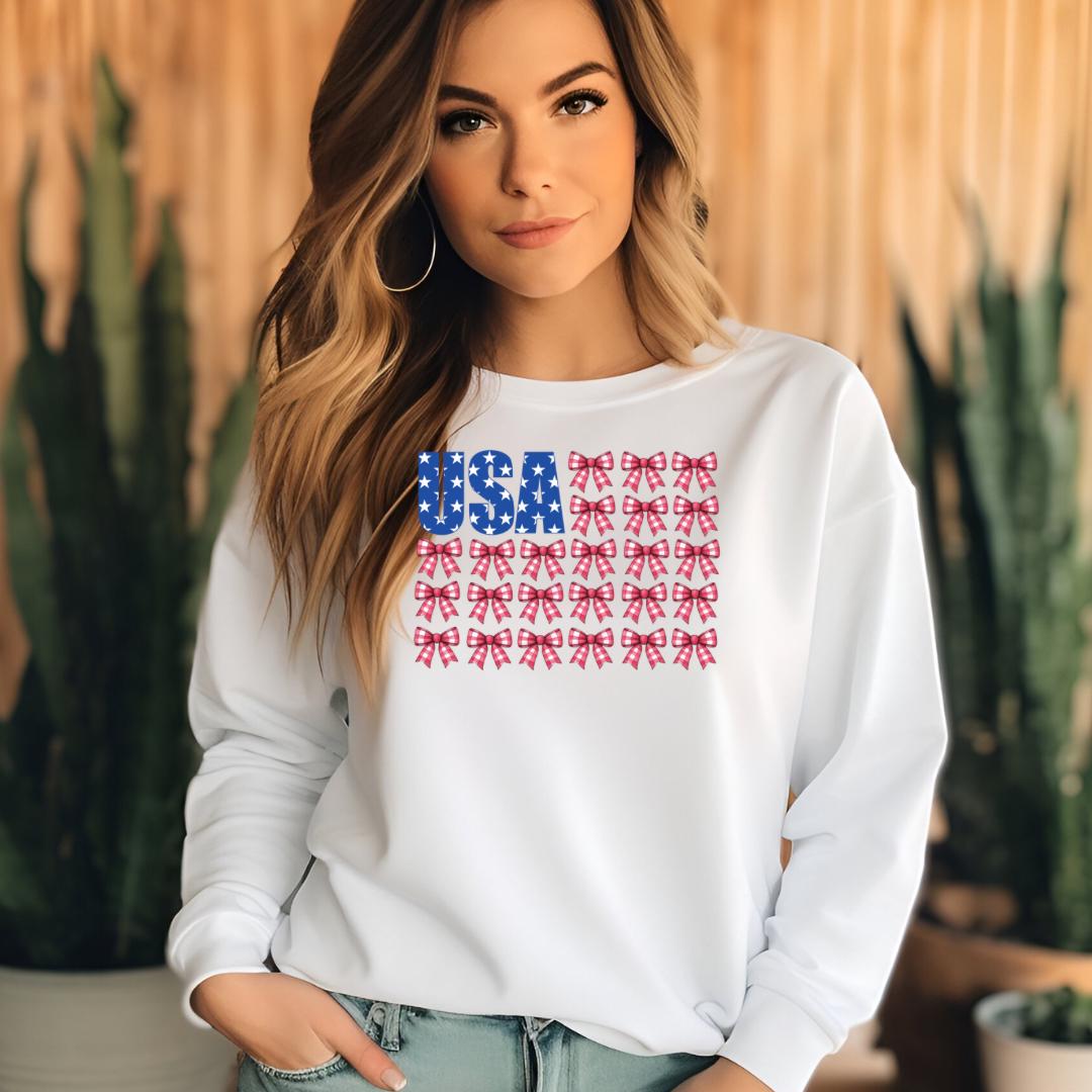 USA Bow Flag Sweatshirt | Patriotic Gingham Bows T-Shirt | 4th of July Shirt | Gildan DTF Print Unisex