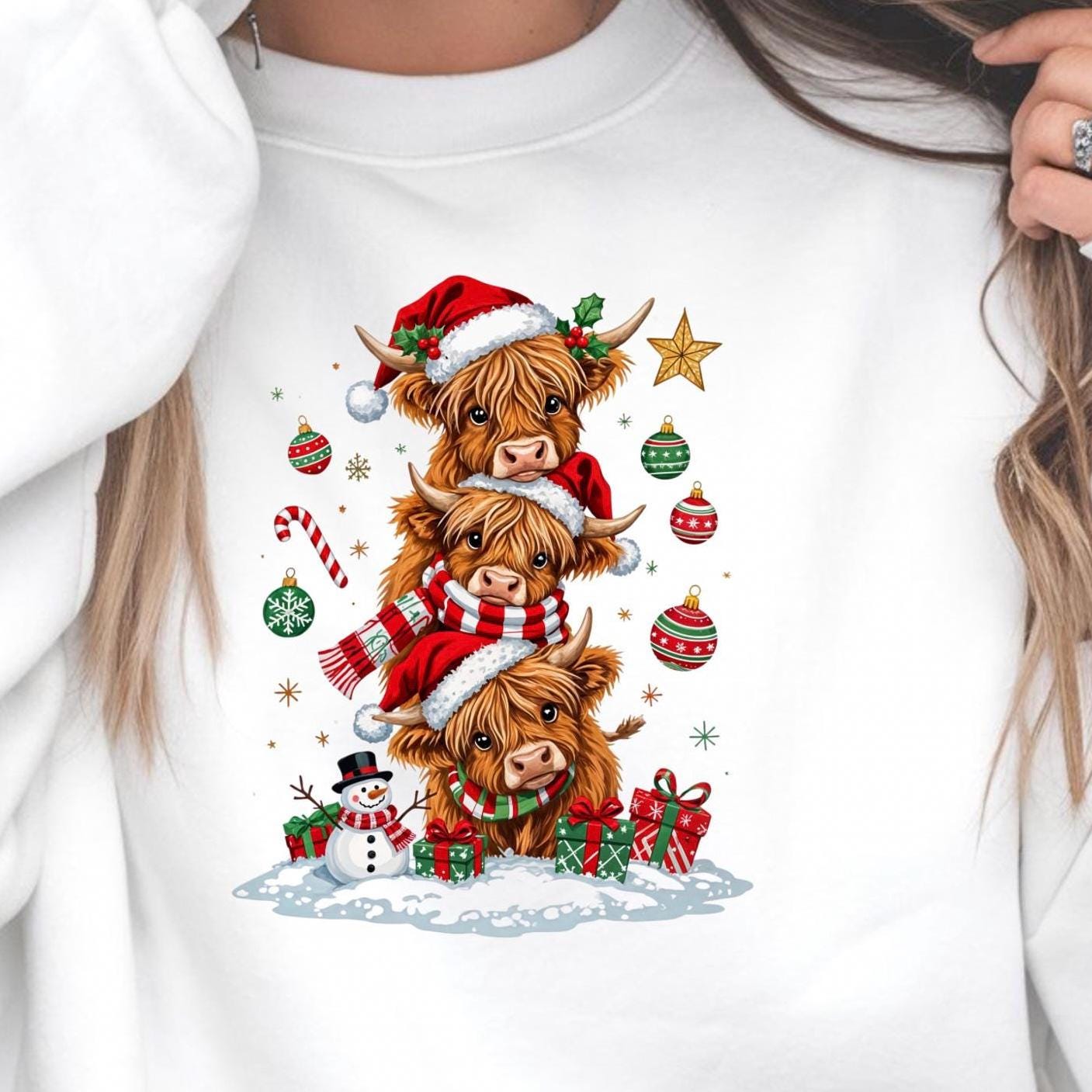 Highland Cow Christmas shirt or  Sweatshirt – Santa Hat, Snowman Holiday Tee