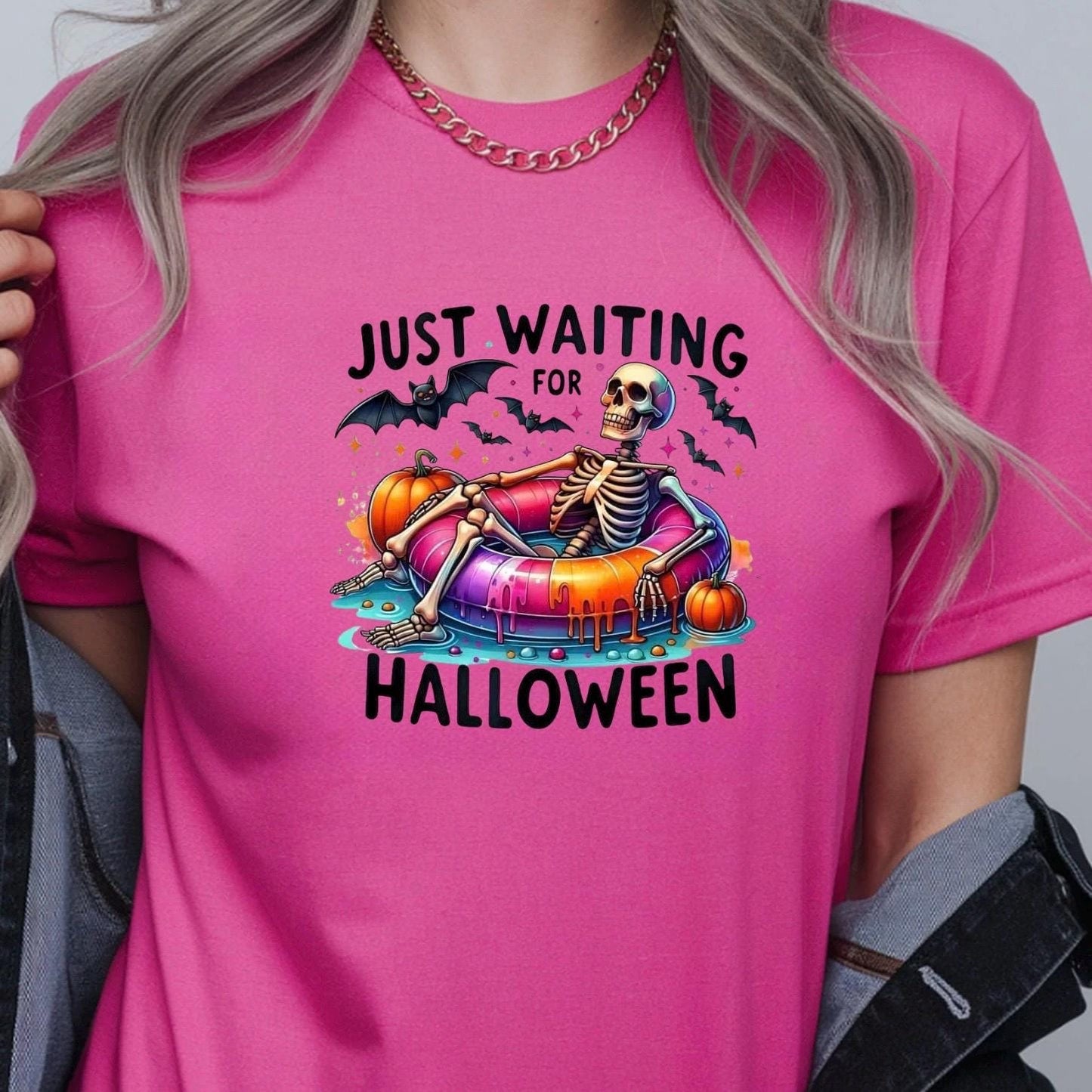 Just Waiting For Halloween" Skeleton T-Shirt or Sweatshirt | Funny Summerween Graphic Tee | Spooky Pool Float Crewneck