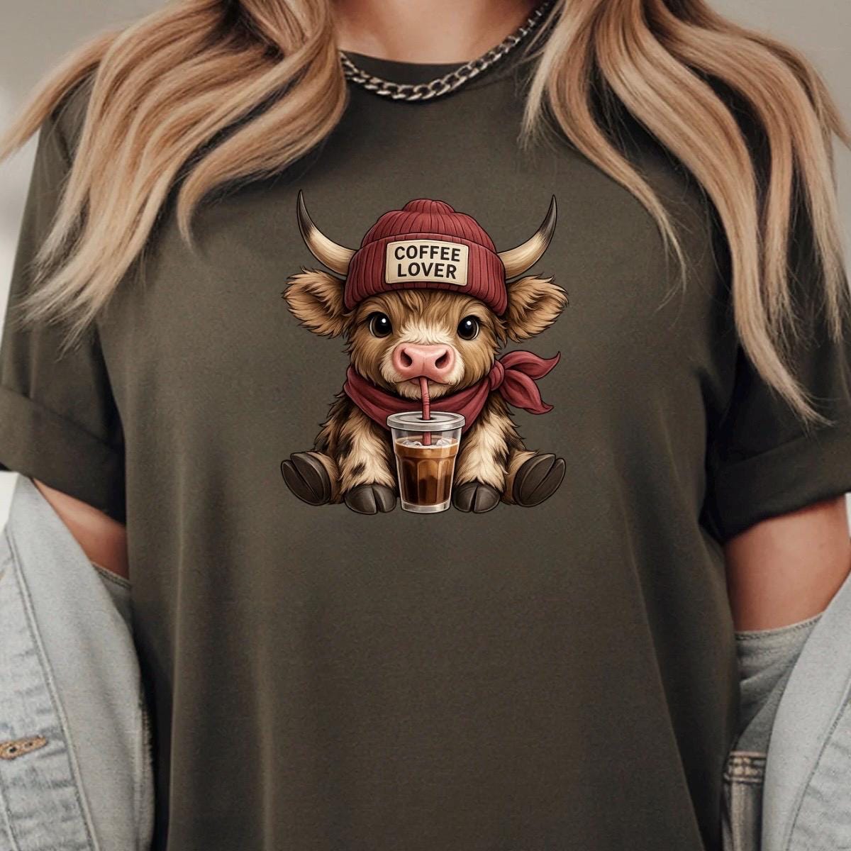 Cute Highland Cow "Coffee Lover" T-Shirt or Sweatshirt | Funny Iced Coffee Graphic Tee | Fall Aesthetic Crewneck