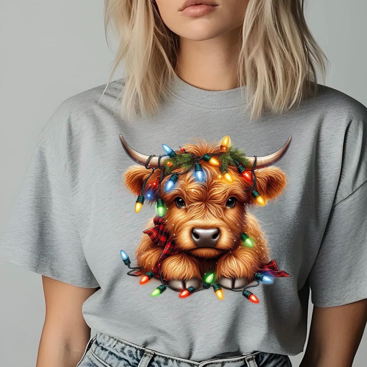Highland Cow Christmas Shirt | Cozy Rustic Holiday Sweatshirt | Farm Animal Lights Funny Gift Tee