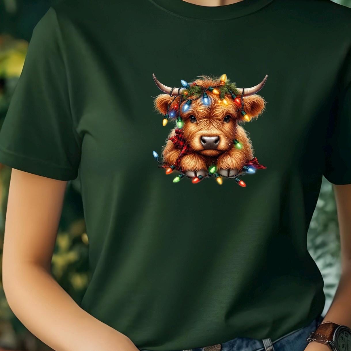 Highland Cow Christmas Shirt | Cozy Rustic Holiday Sweatshirt | Farm Animal Lights Funny Gift Tee