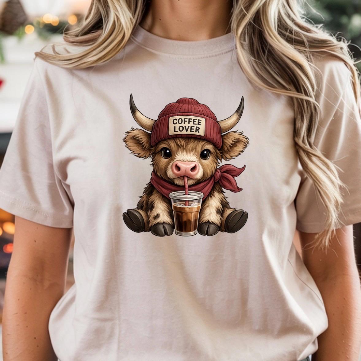 Cute Highland Cow "Coffee Lover" T-Shirt or Sweatshirt | Funny Iced Coffee Graphic Tee | Fall Aesthetic Crewneck