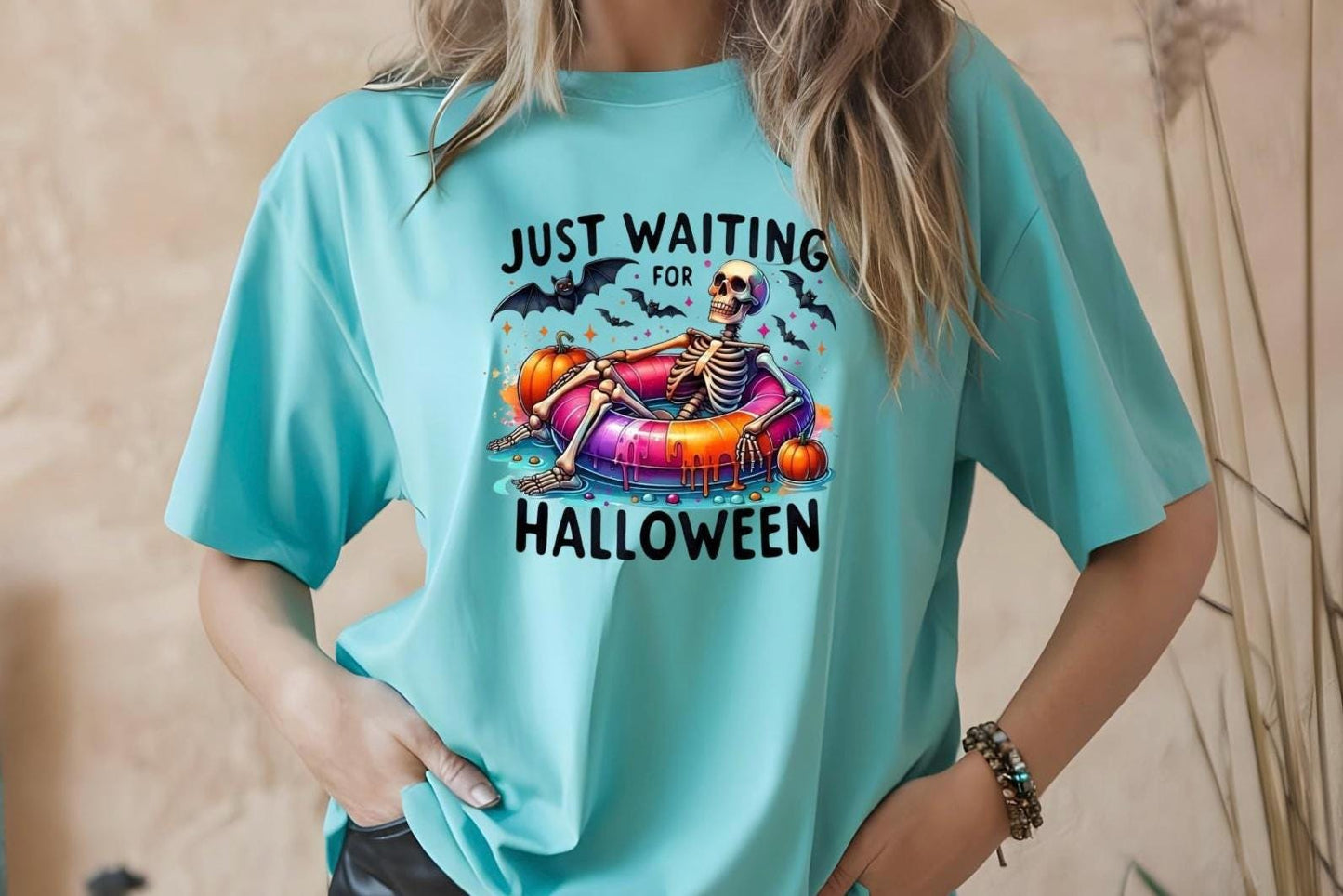 Just Waiting For Halloween" Skeleton T-Shirt or Sweatshirt | Funny Summerween Graphic Tee | Spooky Pool Float Crewneck