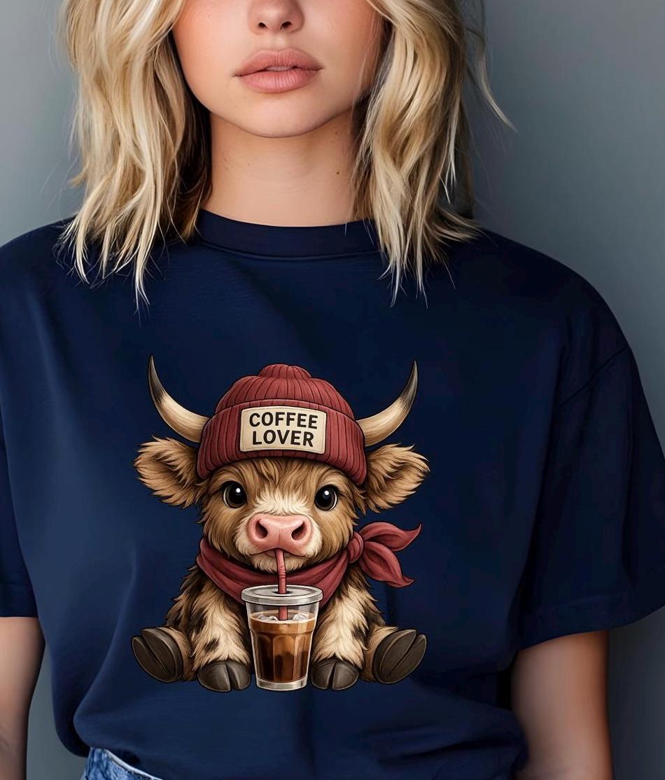 Cute Highland Cow "Coffee Lover" T-Shirt or Sweatshirt | Funny Iced Coffee Graphic Tee | Fall Aesthetic Crewneck