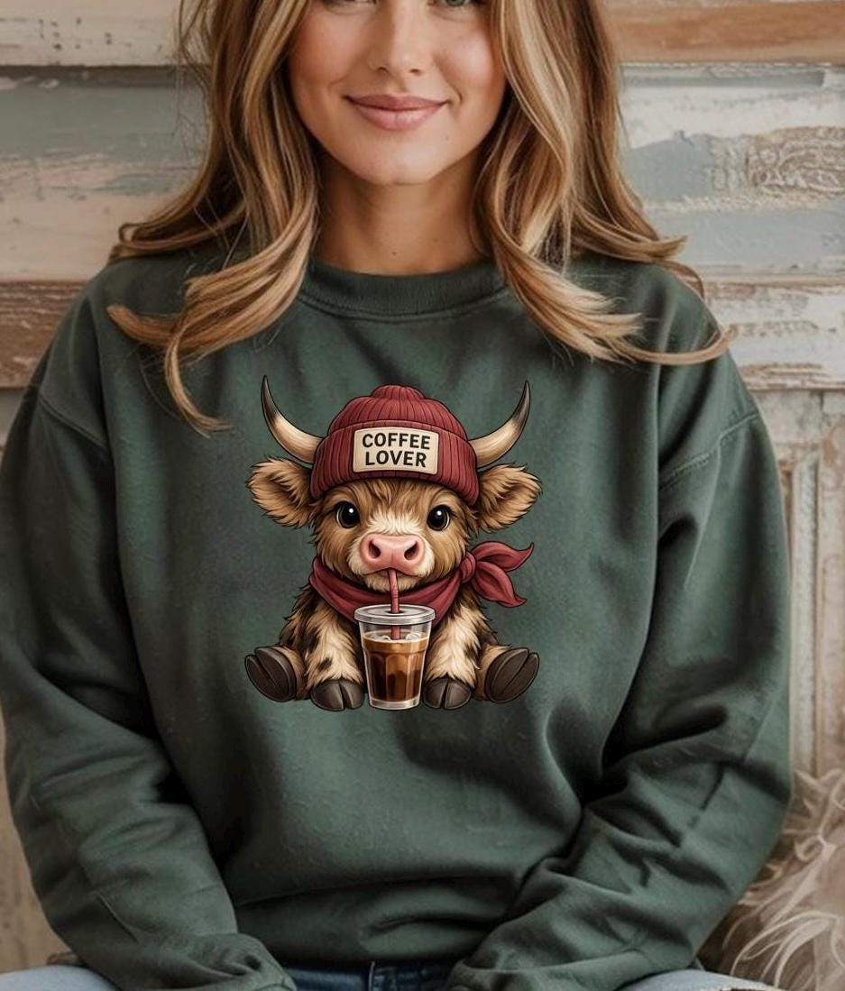 Highland Cow Coffee Lover Shirt or Sweatshirt – Cute DTF Print on Gildan – Coffee Gift for Her