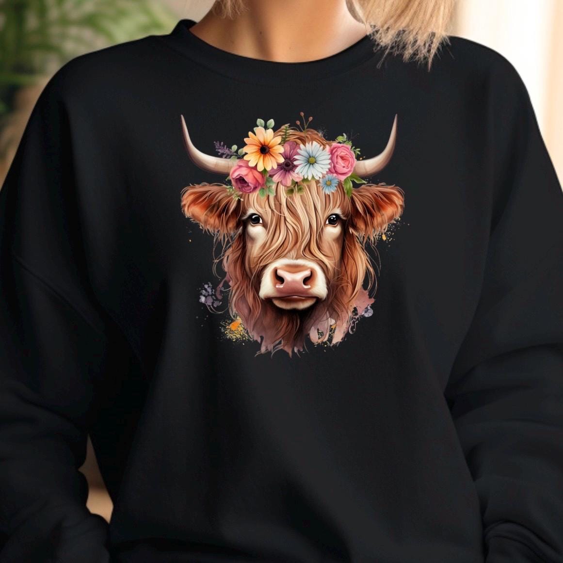 Floral Highland Cow Sweatshirt, Farm Animal Crewneck