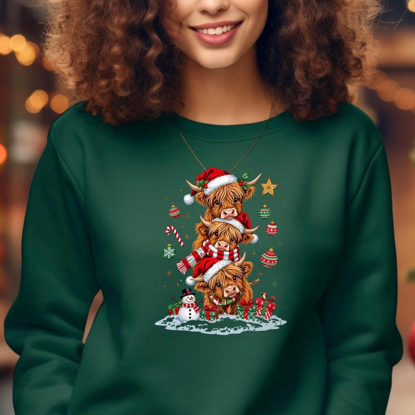 Highland Cow Christmas shirt or  Sweatshirt – Santa Hat, Snowman Holiday Tee
