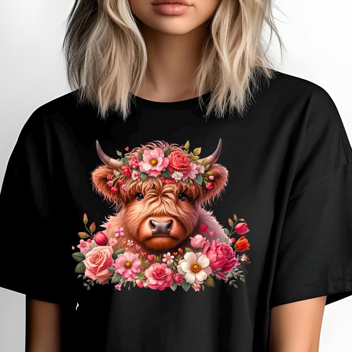 Highland Cow Shirt or Sweatshirt – Floral Crown, Hearts, Rustic Vibe – Western Farmhouse Animal Tee