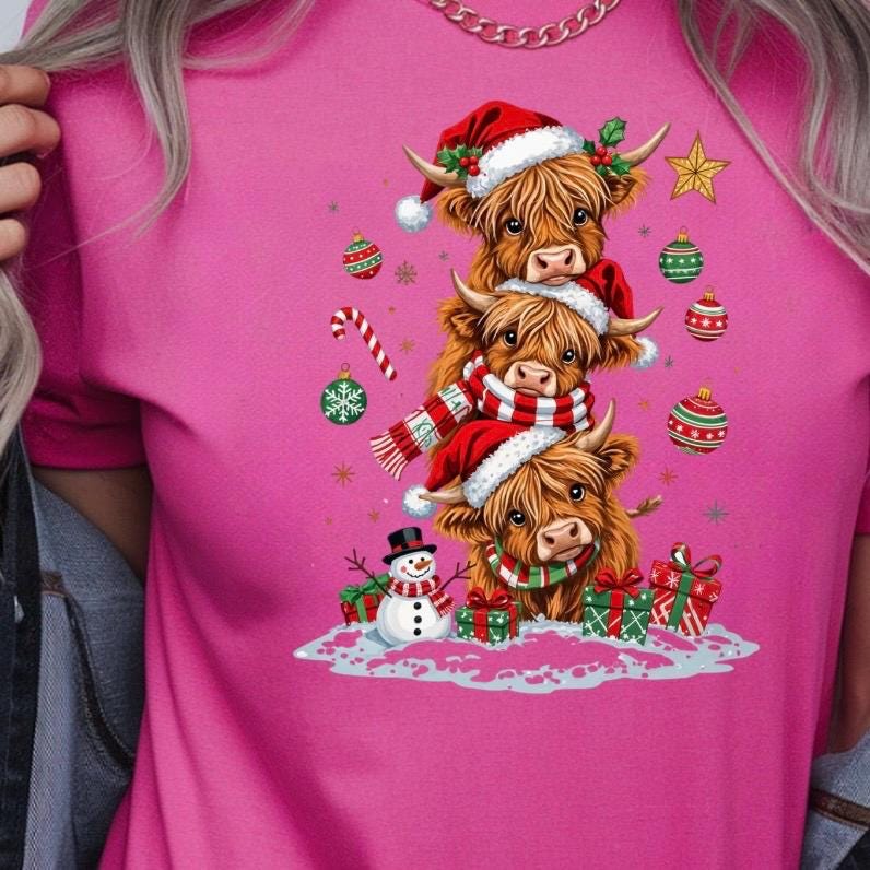 Highland Cow Christmas shirt or Sweatshirt – Santa Hat, Snowman Holiday Tee