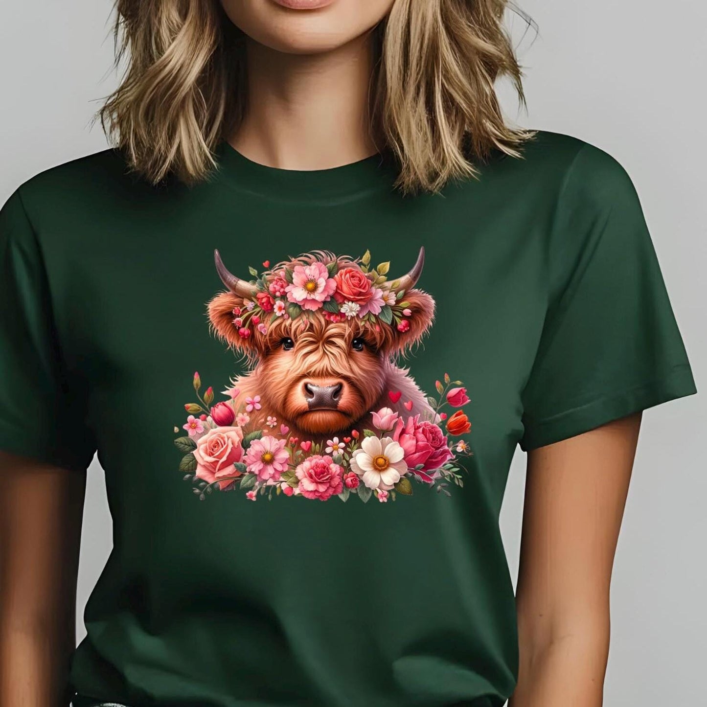 Highland Cow Shirt or Sweatshirt – Floral Crown, Hearts, Rustic Vibe – Western Farmhouse Animal Tee