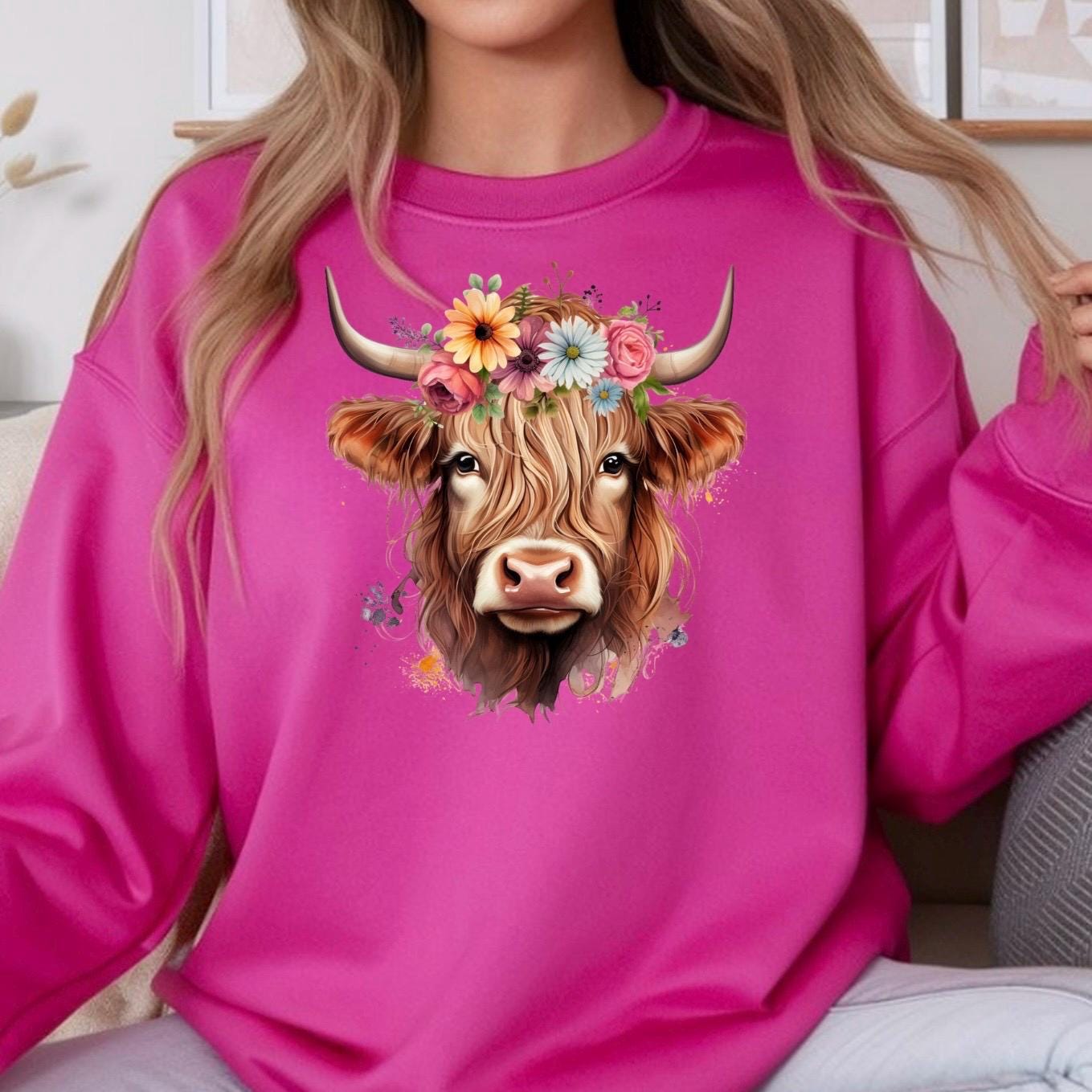 Floral Highland Cow Sweatshirt, Farm Animal Crewneck