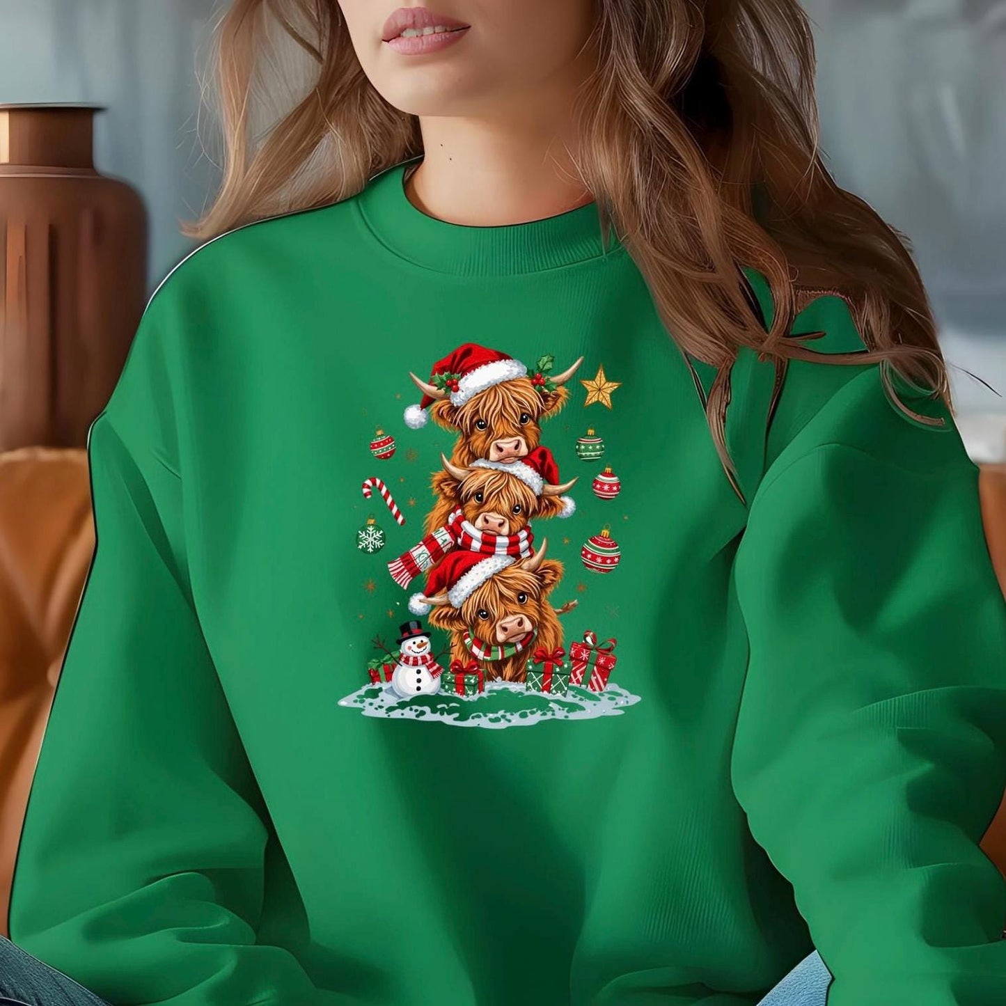 Highland Cow Christmas shirt or  Sweatshirt – Santa Hat, Snowman Holiday Tee