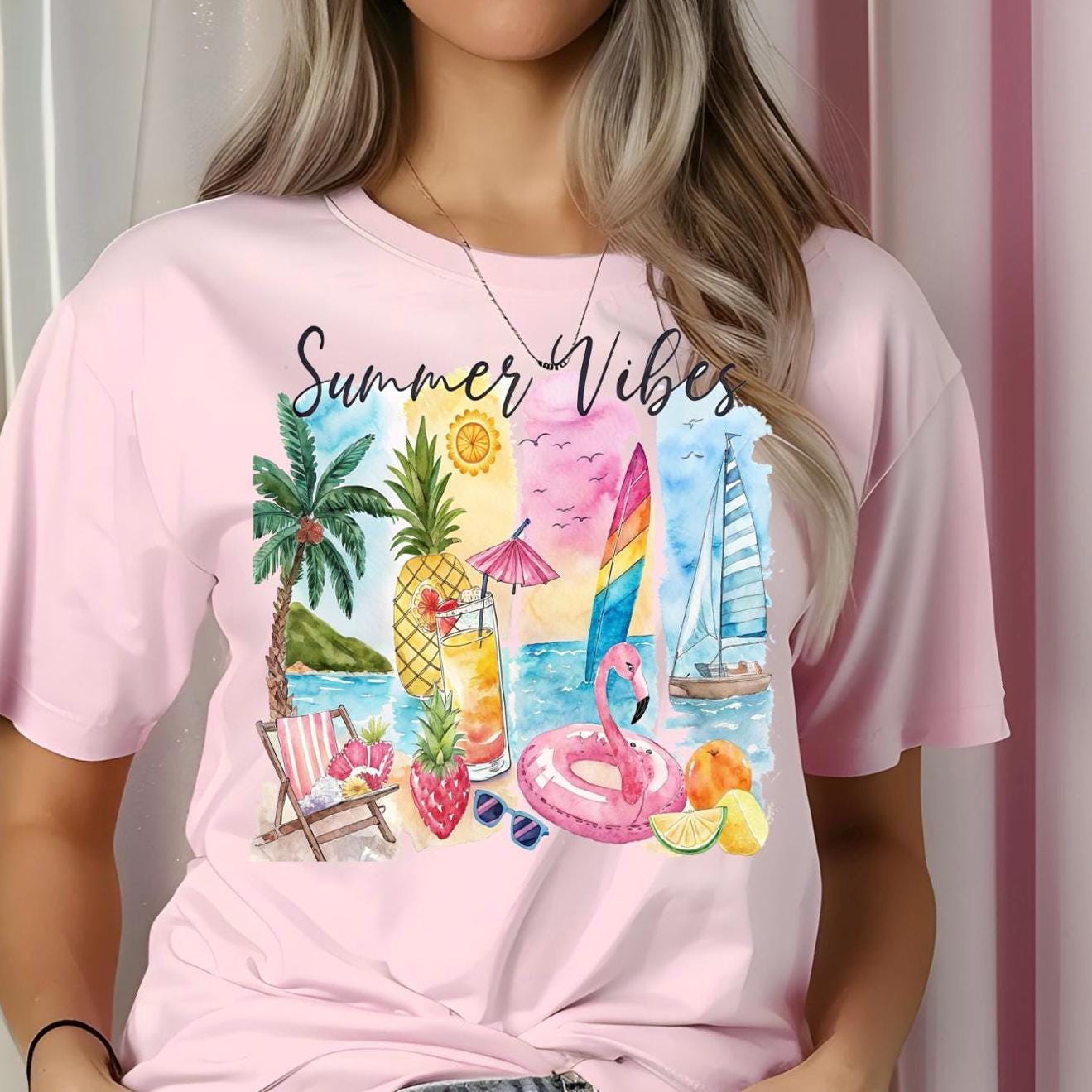 Summer Vibes T-Shirt: Tropical Beach Watercolor Graphic