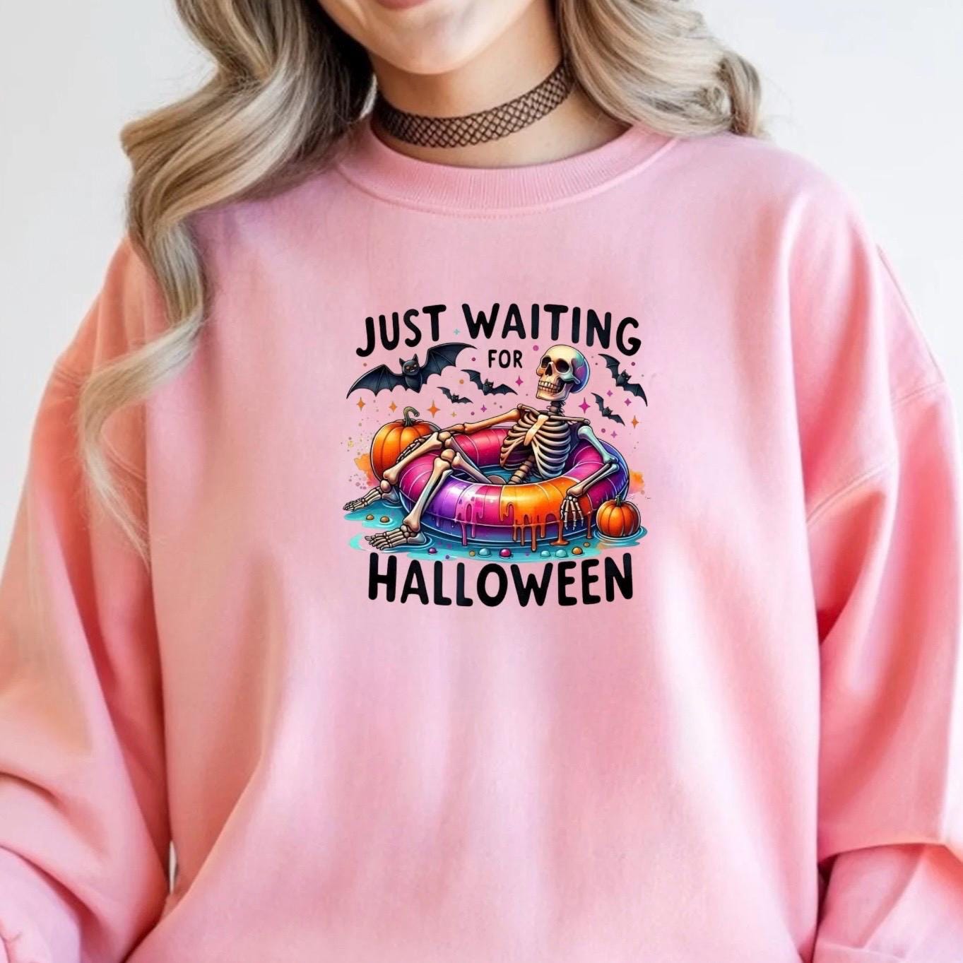 Just Waiting For Halloween" Skeleton T-Shirt or Sweatshirt | Funny Summerween Graphic Tee | Spooky Pool Float Crewneck
