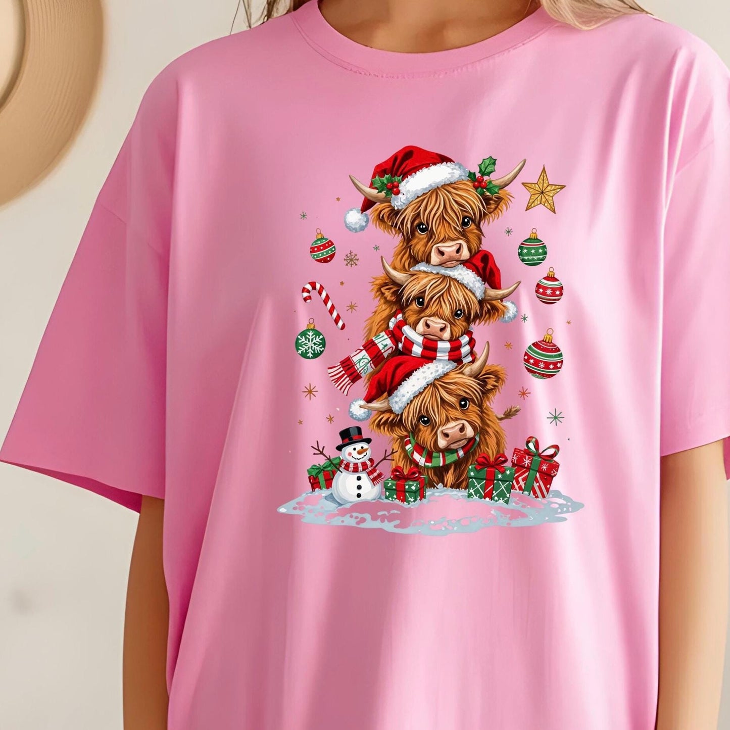 Highland Cow Christmas shirt or Sweatshirt – Santa Hat, Snowman Holiday Tee