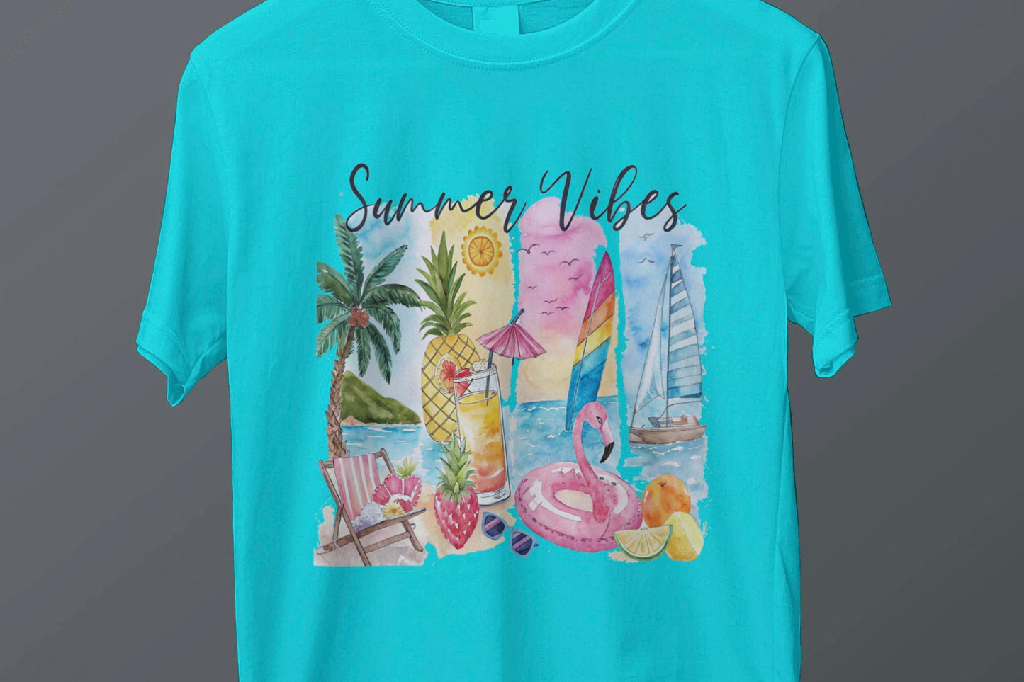 Summer Vibes T-Shirt: Tropical Beach Watercolor Graphic