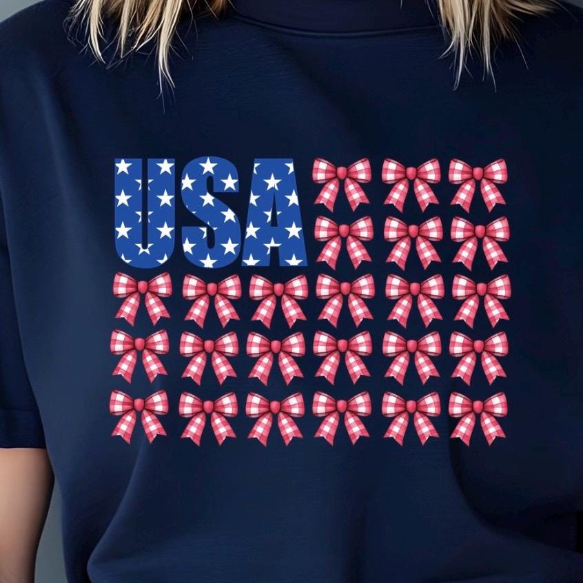 USA Bow Flag Sweatshirt | Patriotic Gingham Bows T-Shirt | 4th of July Shirt | Gildan DTF Print Unisex