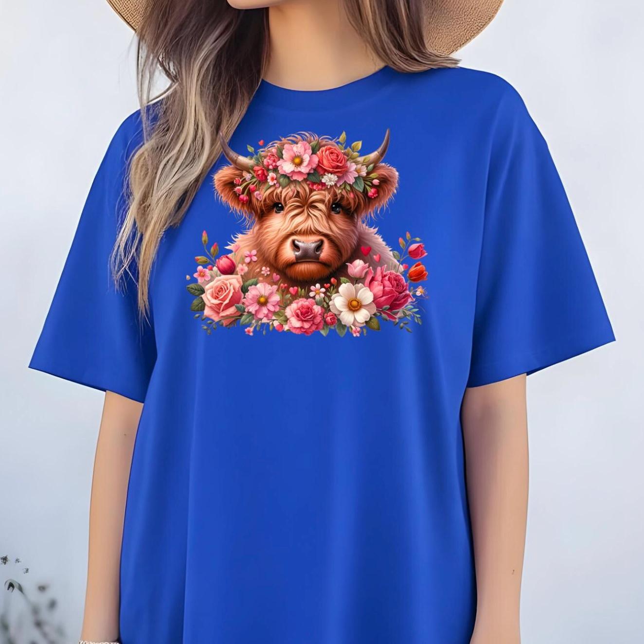 Highland Cow Shirt or Sweatshirt – Floral Crown, Hearts, Rustic Vibe – Western Farmhouse Animal Tee