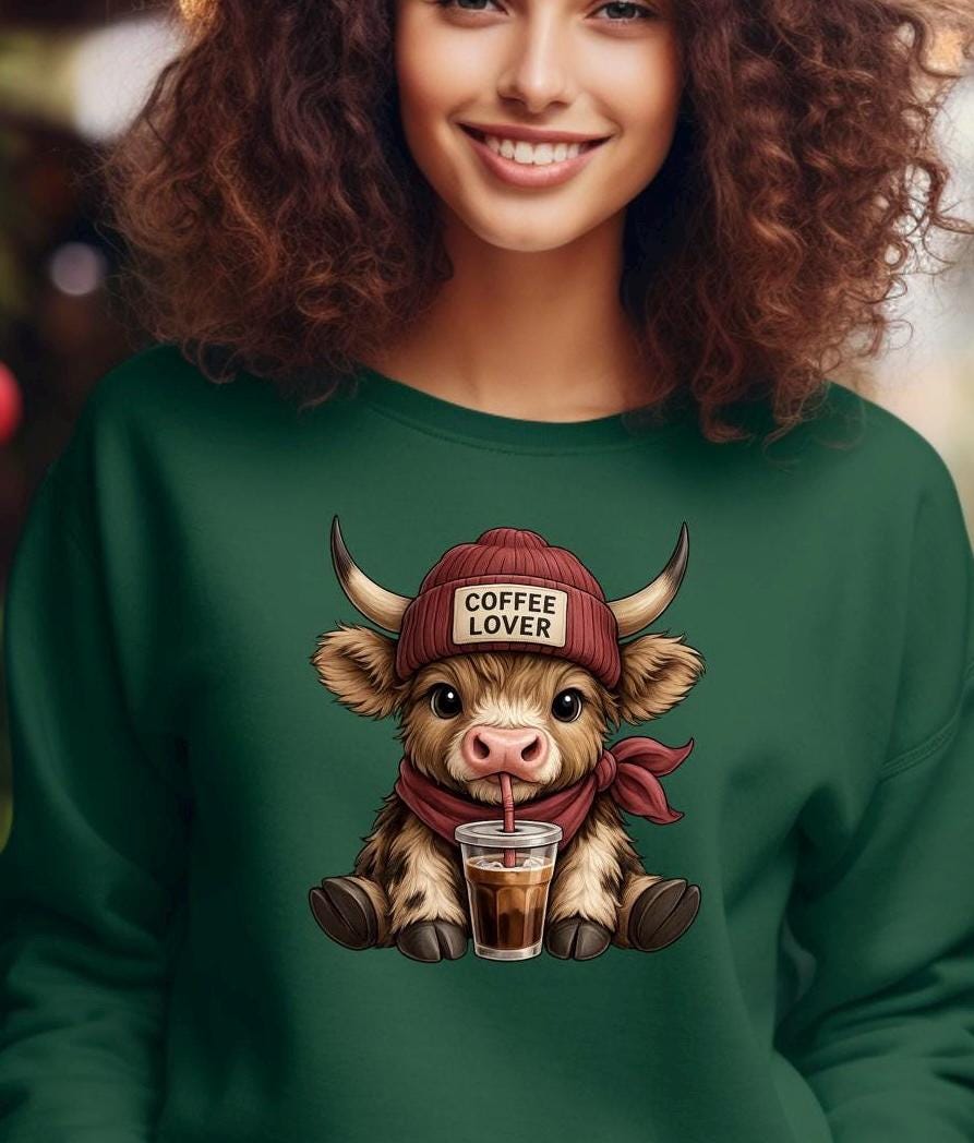 Highland Cow Coffee Lover Shirt or Sweatshirt – Cute DTF Print on Gildan – Coffee Gift for Her