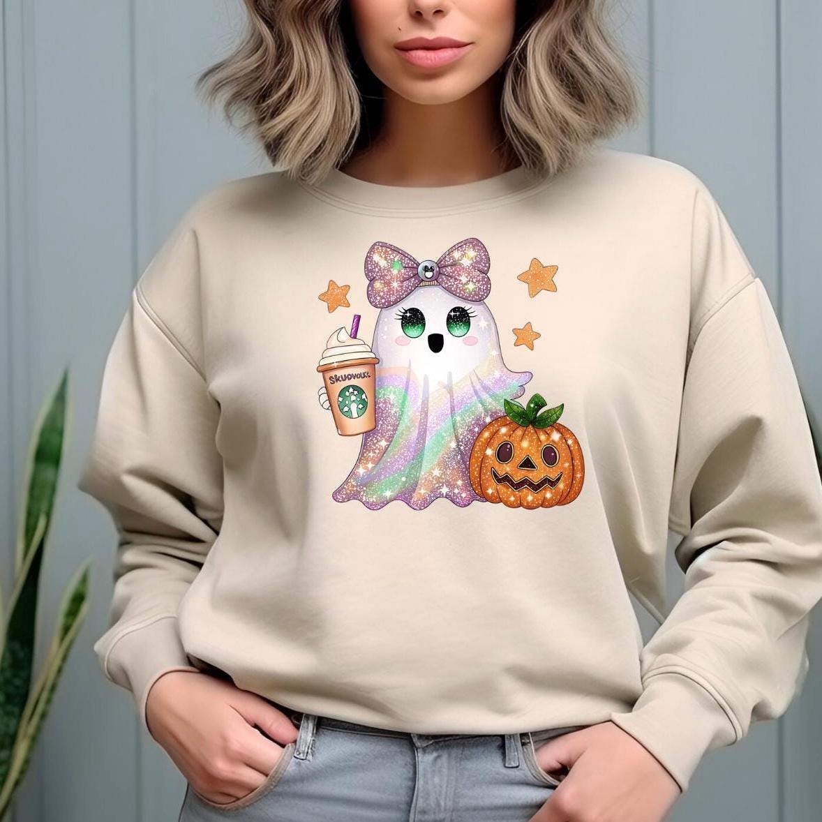 Sparkly Pastel Ghost & Pumpkin Halloween Sweatshirt or T shirt