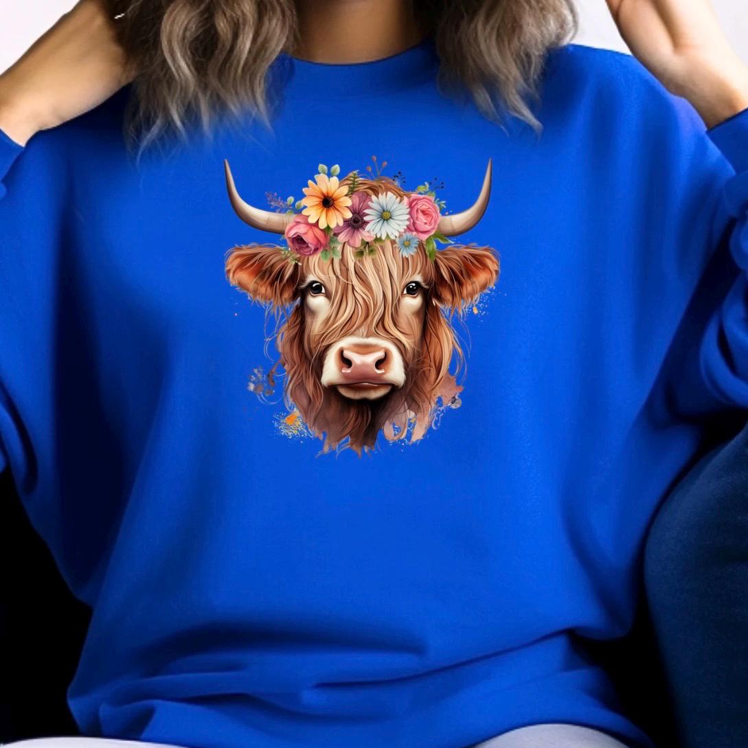 Floral Highland Cow Sweatshirt, Farm Animal Crewneck