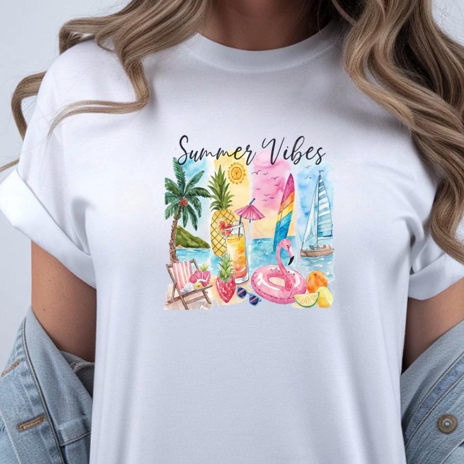 Summer Vibes T-Shirt: Tropical Beach Watercolor Graphic