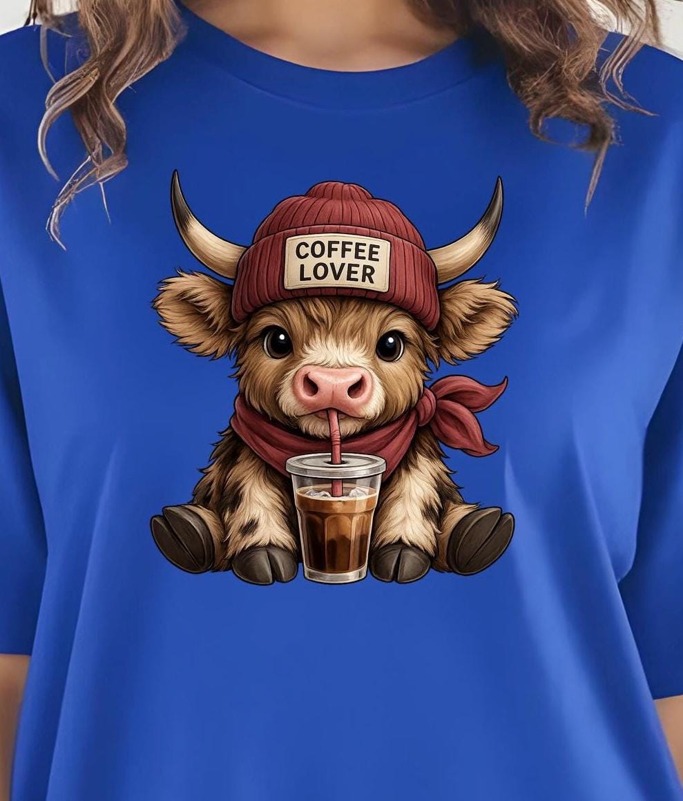 Cute Highland Cow "Coffee Lover" T-Shirt or Sweatshirt | Funny Iced Coffee Graphic Tee | Fall Aesthetic Crewneck