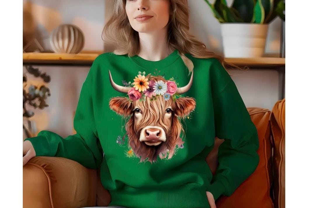 Floral Highland Cow Sweatshirt, Farm Animal Crewneck