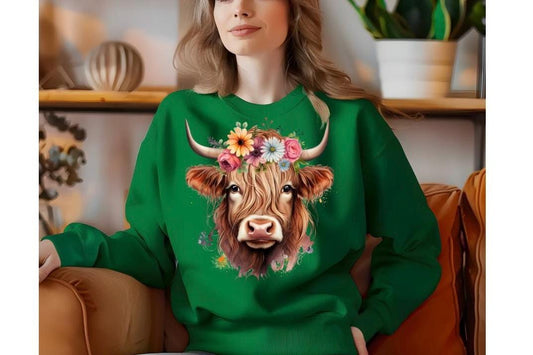 Floral Highland Cow Sweatshirt, Farm Animal Crewneck