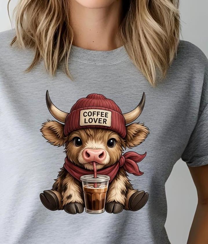 Cute Highland Cow "Coffee Lover" T-Shirt or Sweatshirt | Funny Iced Coffee Graphic Tee | Fall Aesthetic Crewneck