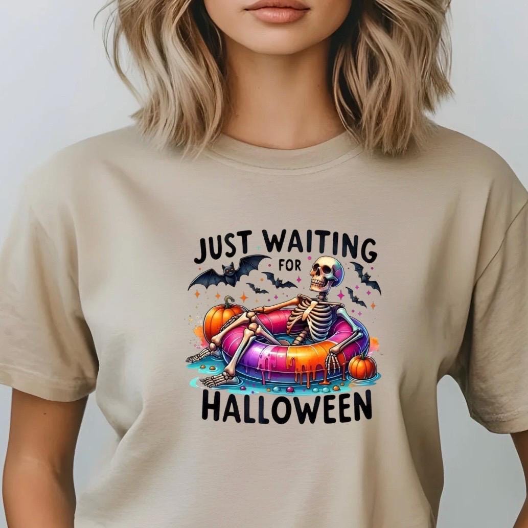 Just Waiting For Halloween" Skeleton T-Shirt or Sweatshirt | Funny Summerween Graphic Tee | Spooky Pool Float Crewneck