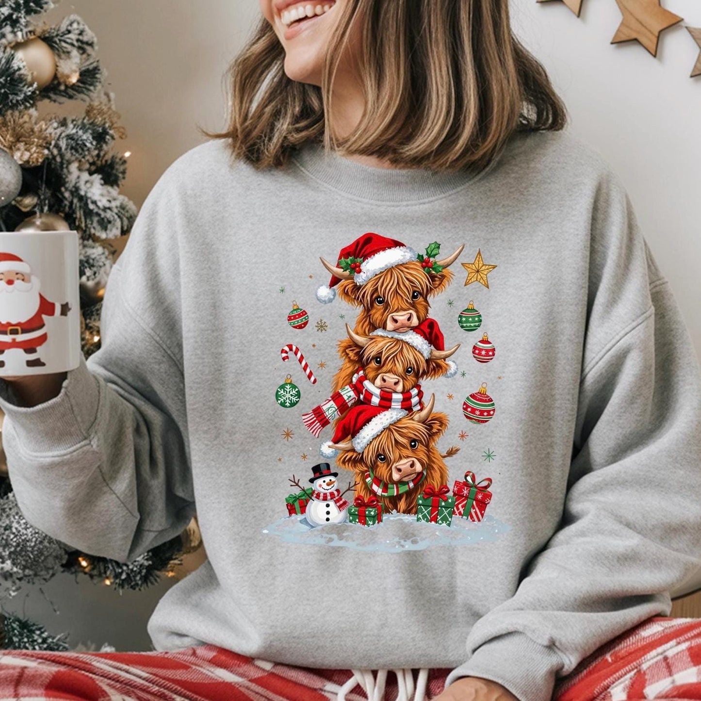 Highland Cow Christmas shirt or  Sweatshirt – Santa Hat, Snowman Holiday Tee