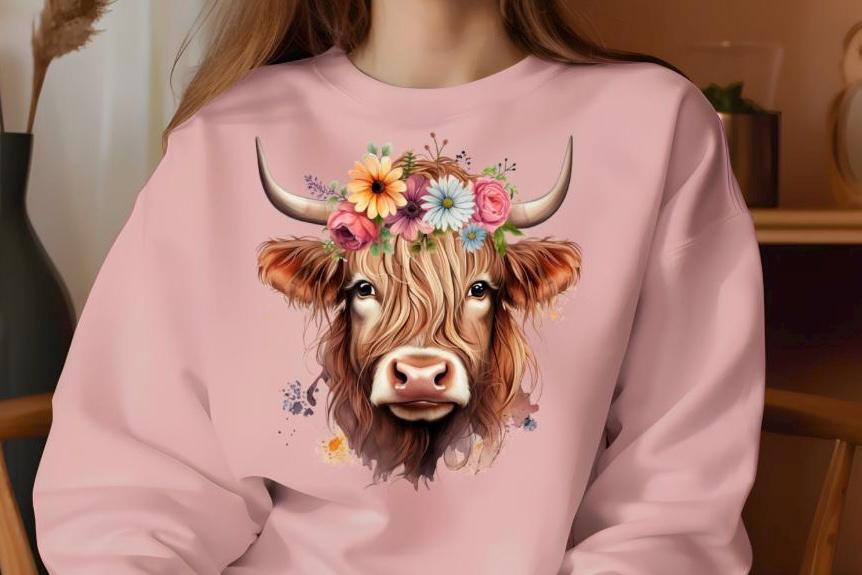 Floral Highland Cow Sweatshirt, Farm Animal Crewneck