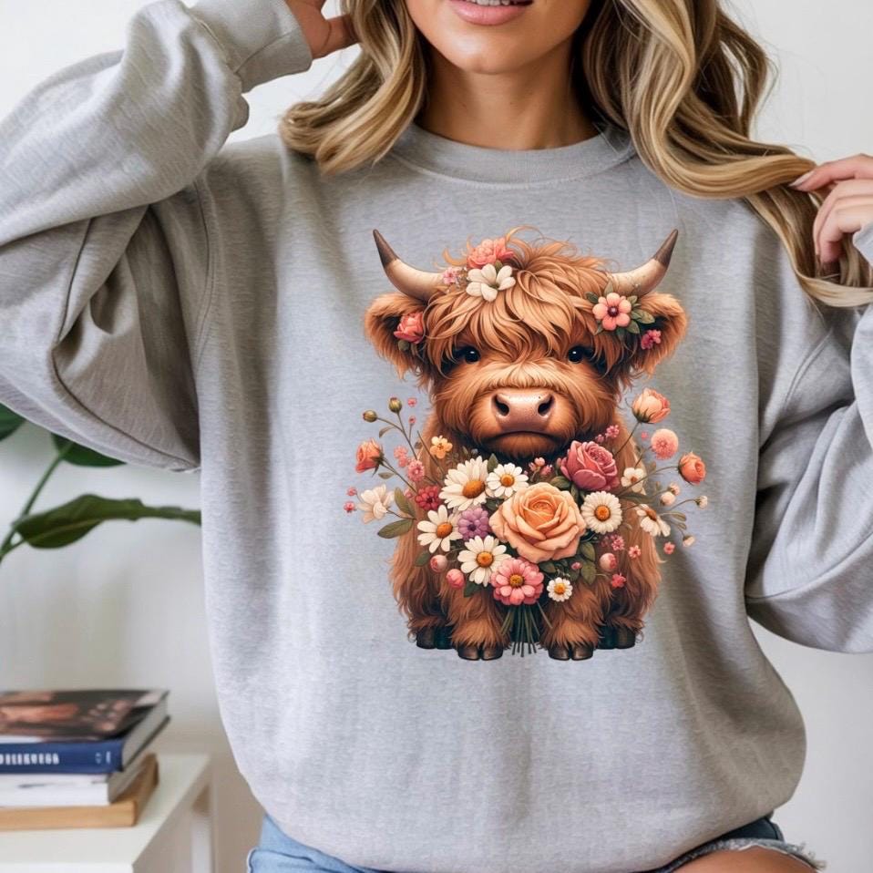 Highland Cow Floral Sweatshirt or t shirt